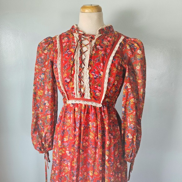 Candi Jones California Dresses & Skirts - Vintage Candi Jones California Red Floral Prairie Maxi Dress Lace Up Boho 70s 5